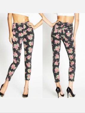 Guess 1981 3 Zip Crop Floral Print Skinny Jeans - Black with Pink Roses